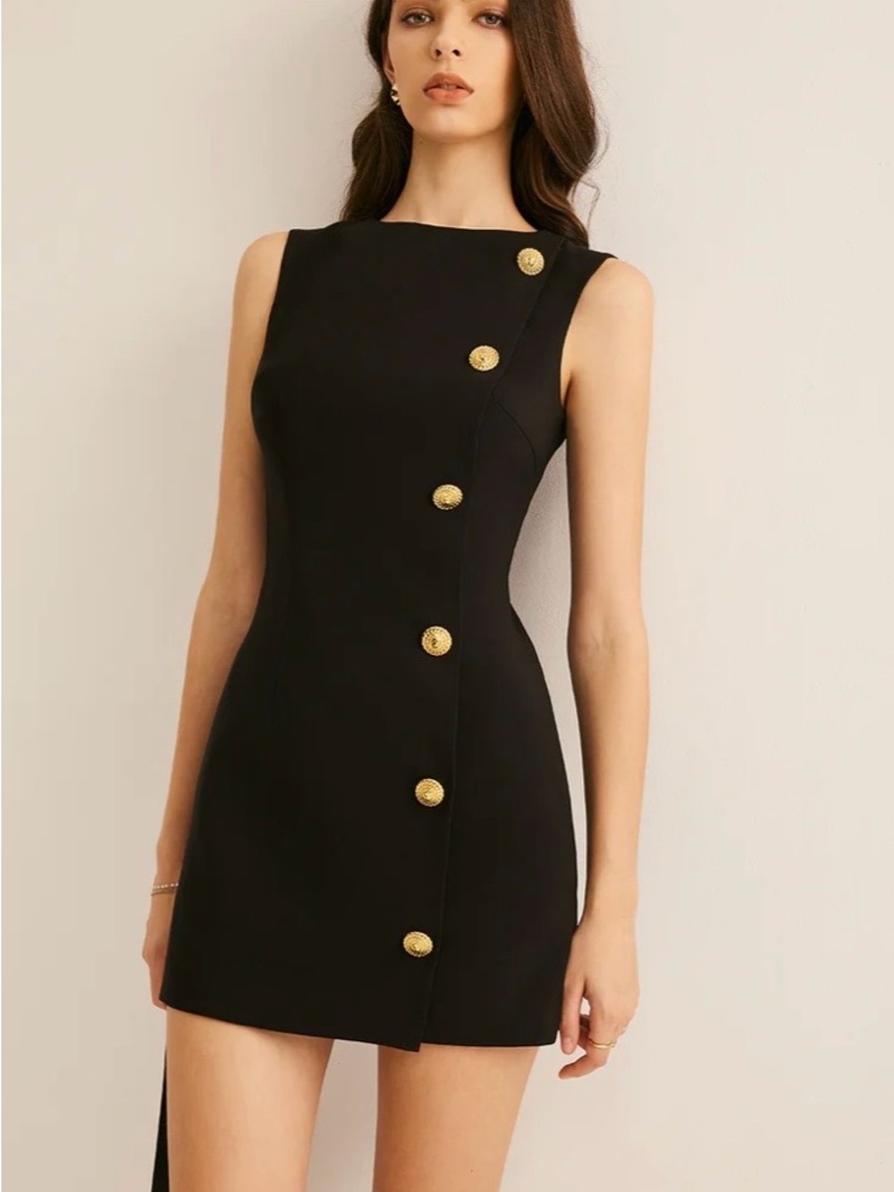 Commense Black Sleeveless Mini Dress with Gold Buttons